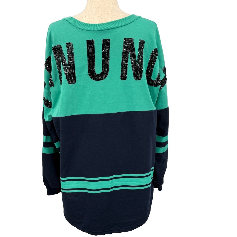 Rue 21 Womens Sweatshirt XL Green Blue Can You Not Sequins Spellout Colorblock - Picture 6 of 8